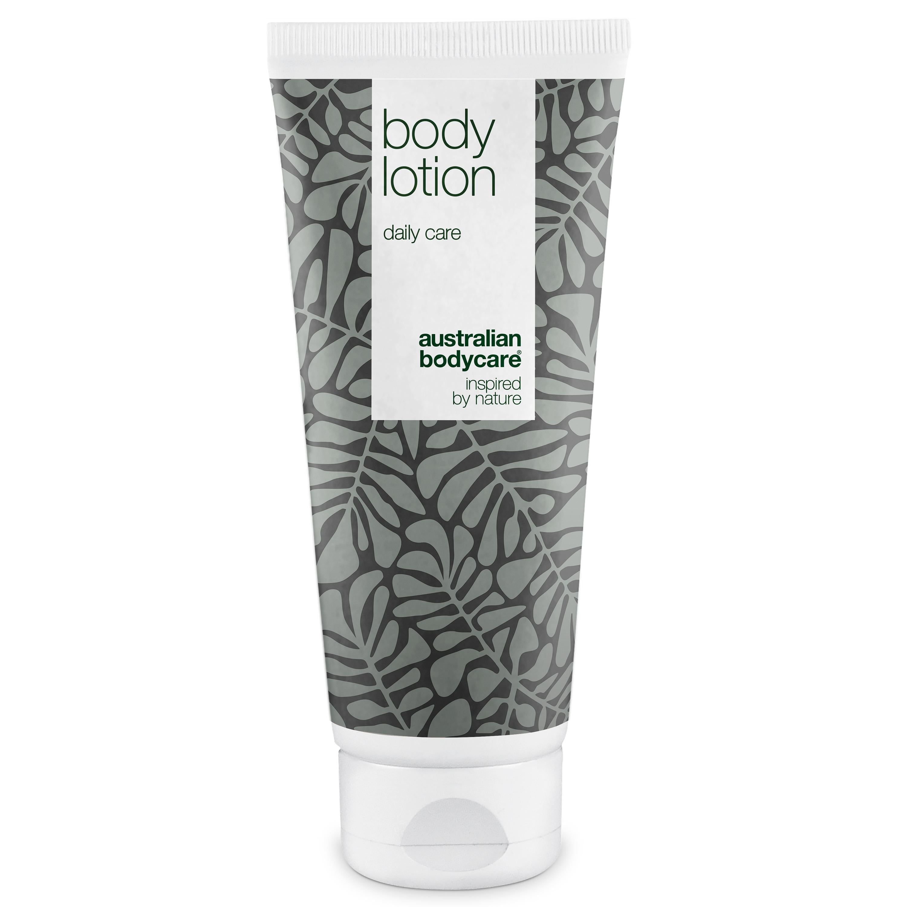 Körperlotion-Tube mit floralem Muster. Aufschrift: Body Lotion, daily care, Australian Bodycare.