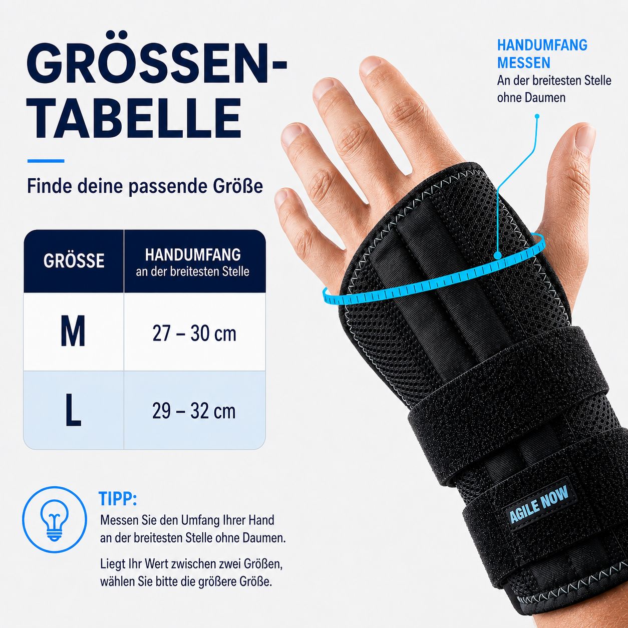 Größentabelle für Handgelenkbandagen: M (27-30cm), L (29-32cm). Messanleitung für Handumfang.