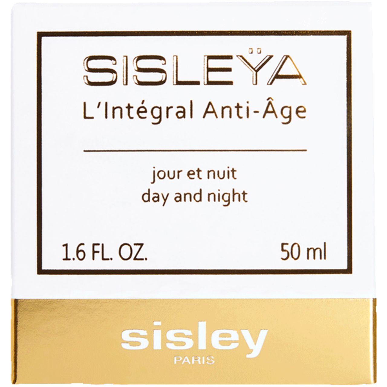 Karton mit Produktinformationen. Aufschrift SISLEYA L'Intégral Anti-Âge, Tag und Nacht, 1.6 FL. OZ. und 50 ml.