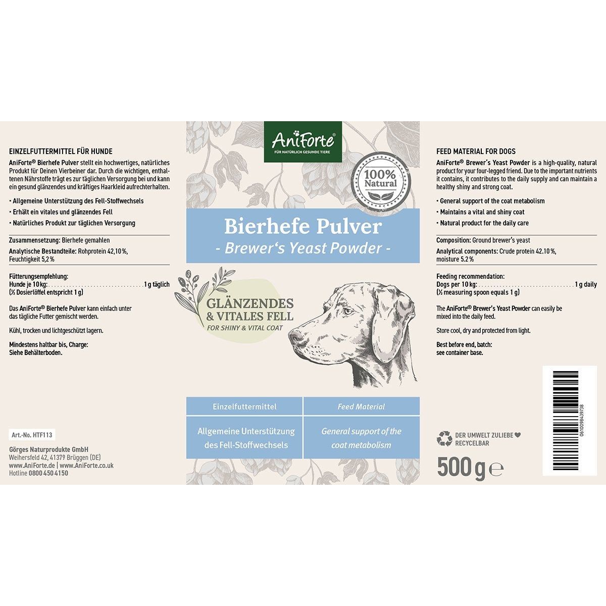 Etikett AniForte Bierhefe Pulver. Text: Allgemeine Unterstützung des Fell-Stoffwechsels. 500g. 100% natürlich.