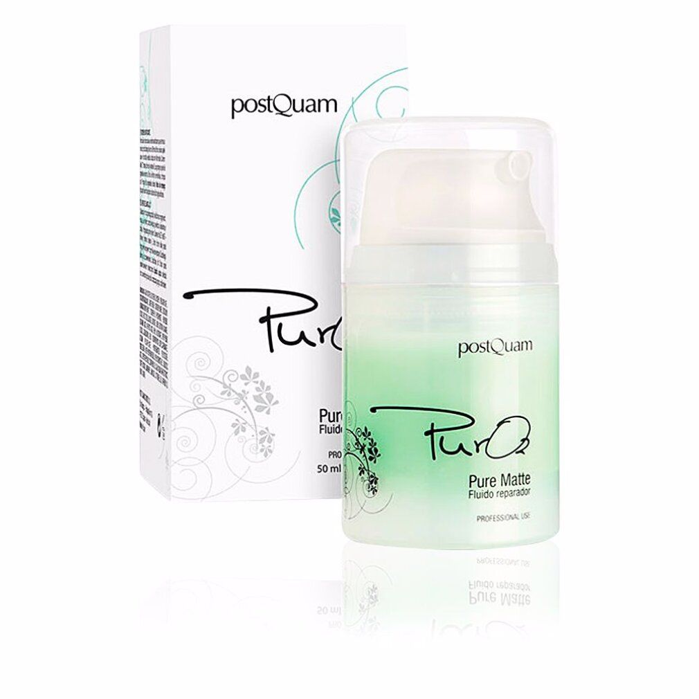 Postquam Pure Matte Fluid. Weiße Verpackung mit Produktflasche. Aufschrift 'Pure Matte' und 'Postquam'.