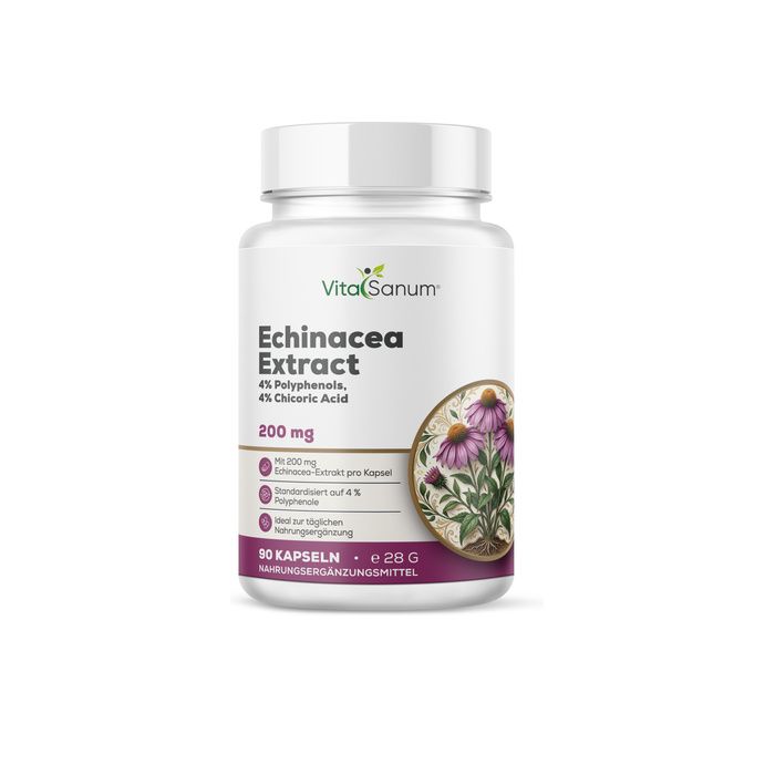 VitaSanum Echinacea Extract Kapseln, 200 mg, 90 Stück. Enthält 4% Polyphenole und 4% Chicorsäure.