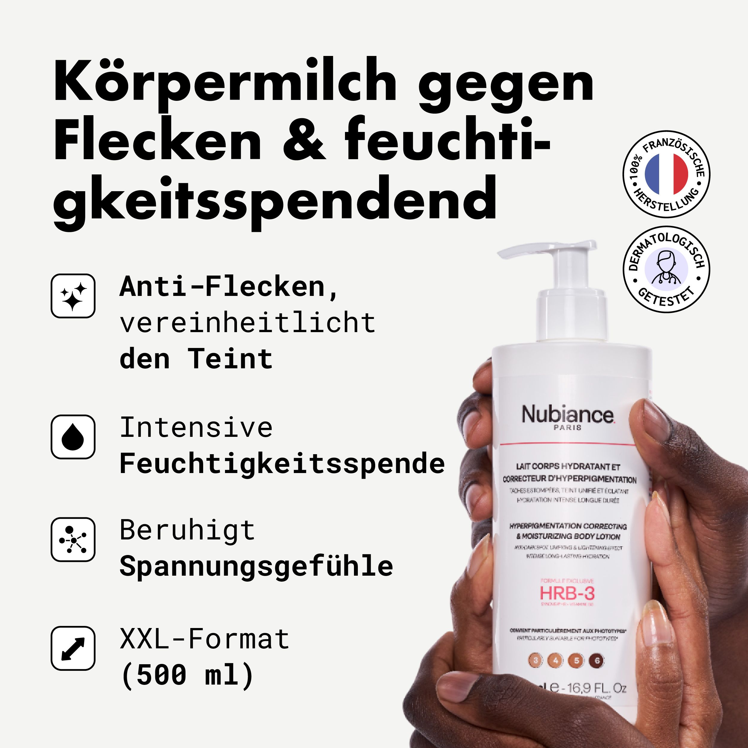 Weiße Flasche mit Pumpe. Aufschrift: „Körpermilch gegen Flecken & feuchtigkeitsspendend“.