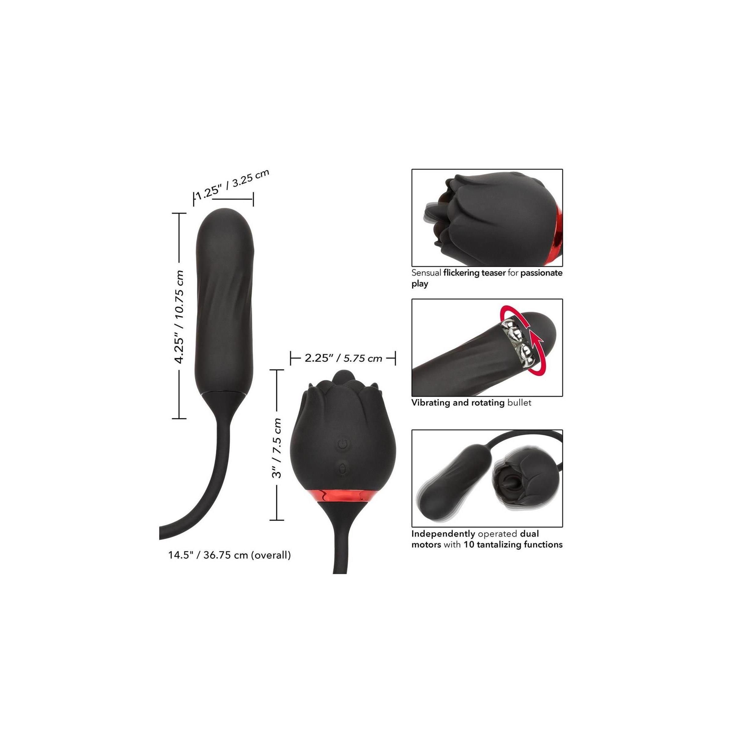 Schwarz Wellness-Produkt mit Maßen. Abgebildet: Vibrator, Rosenknospe. Text: 10 Funktionen, Dual-Motoren, Silikon, USB, 1 Jahr Garantie.