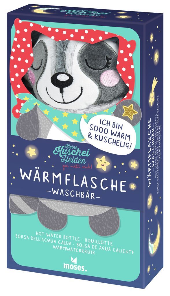 Verpackung für eine Wärmflasche in Waschbärform. Text: "Meine Kuschelhelden Wärmflasche - Waschbär". Mehrsprachige Produktbezeichnungen.