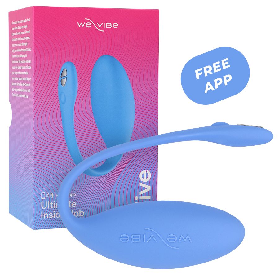 Blauer Vibrator mit gebogener Form und Bedienknöpfen. Verpackung mit Logo "we vibe" und Schriftzug "Jive".