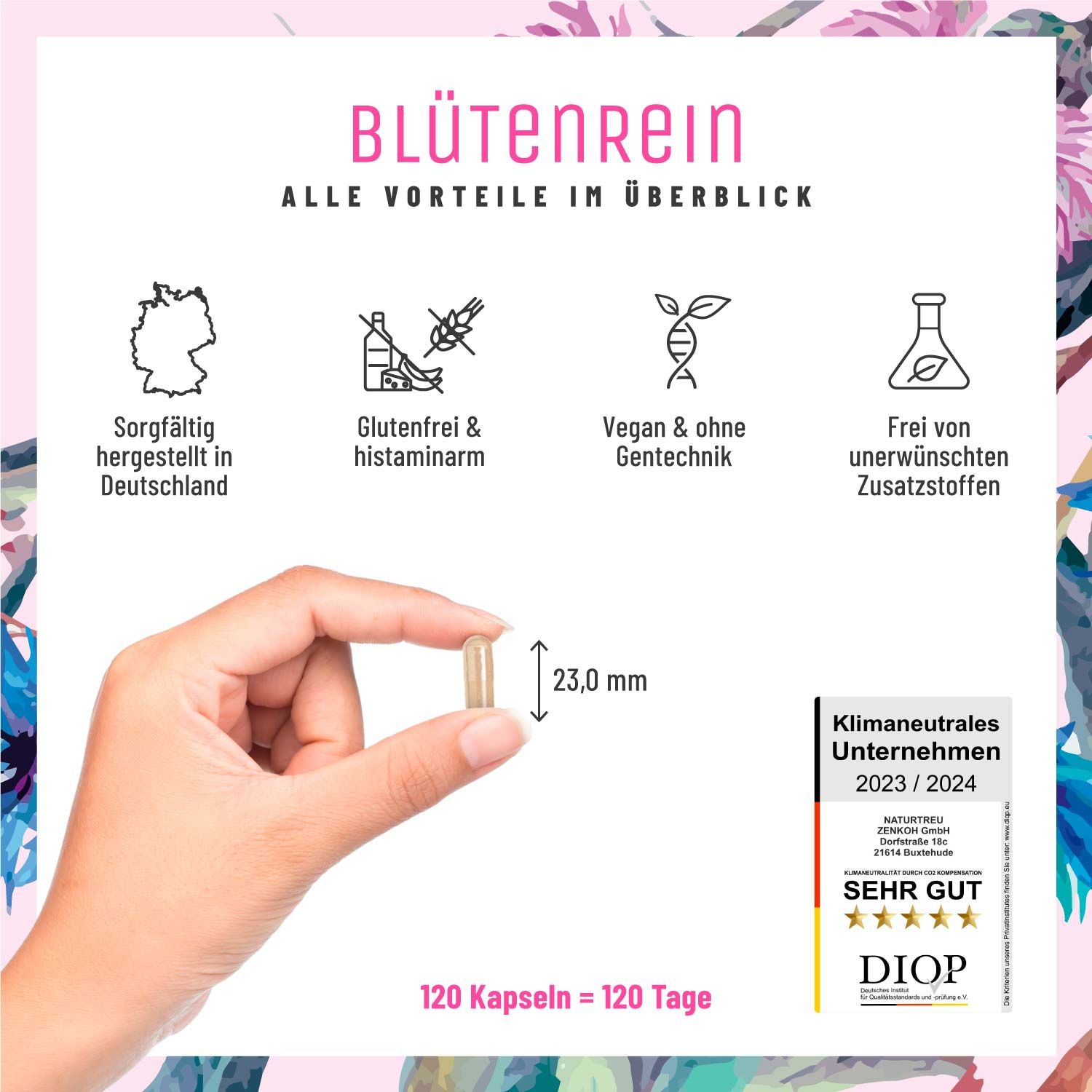 Hand hält Kapsel. Text: Glutenfrei, vegan, ohne Gentechnik. Klimaneutrales Unternehmen. 120 Kapseln = 120 Tage. DIOP-Siegel.