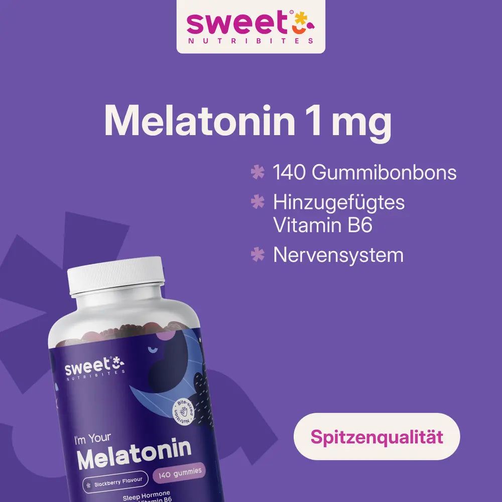 Flasche mit Gummibärchen. Text: Melatonin 1 mg, 140 Gummibonbons, Vitamin B6, Nervensystem. Text: Spitzenqualität.