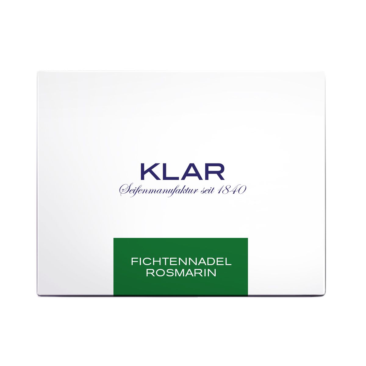 Weiße Klar Seifenverpackung mit Aufdruck 'Fichtennadel Rosmarin'.