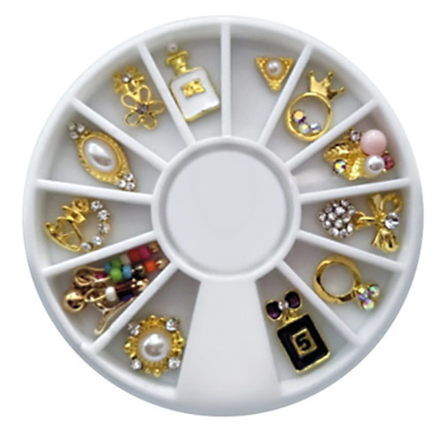 Runde, weiße Aufbewahrungsbox mit 12 Fächern. Enthält goldfarbene 3D-Nail-Art-Dekorationen in verschiedenen Formen, mit Perlen und Strass.