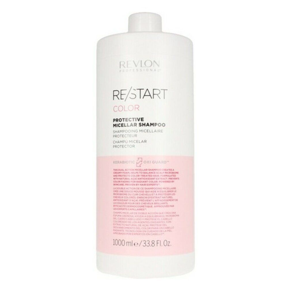 Weißer Shampoo-Behälter mit rosa Etikett. Aufschrift: Revlon Re-Start Color Protective Micellar Shampoo. 1000ml/33.8 fl oz.