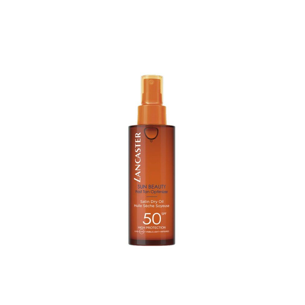 Lancaster Sun Beauty Dry Oil SPF50. Text: Sun Beauty, Fast Tan Optimizer, Satin Dry Oil, 50 SPF.