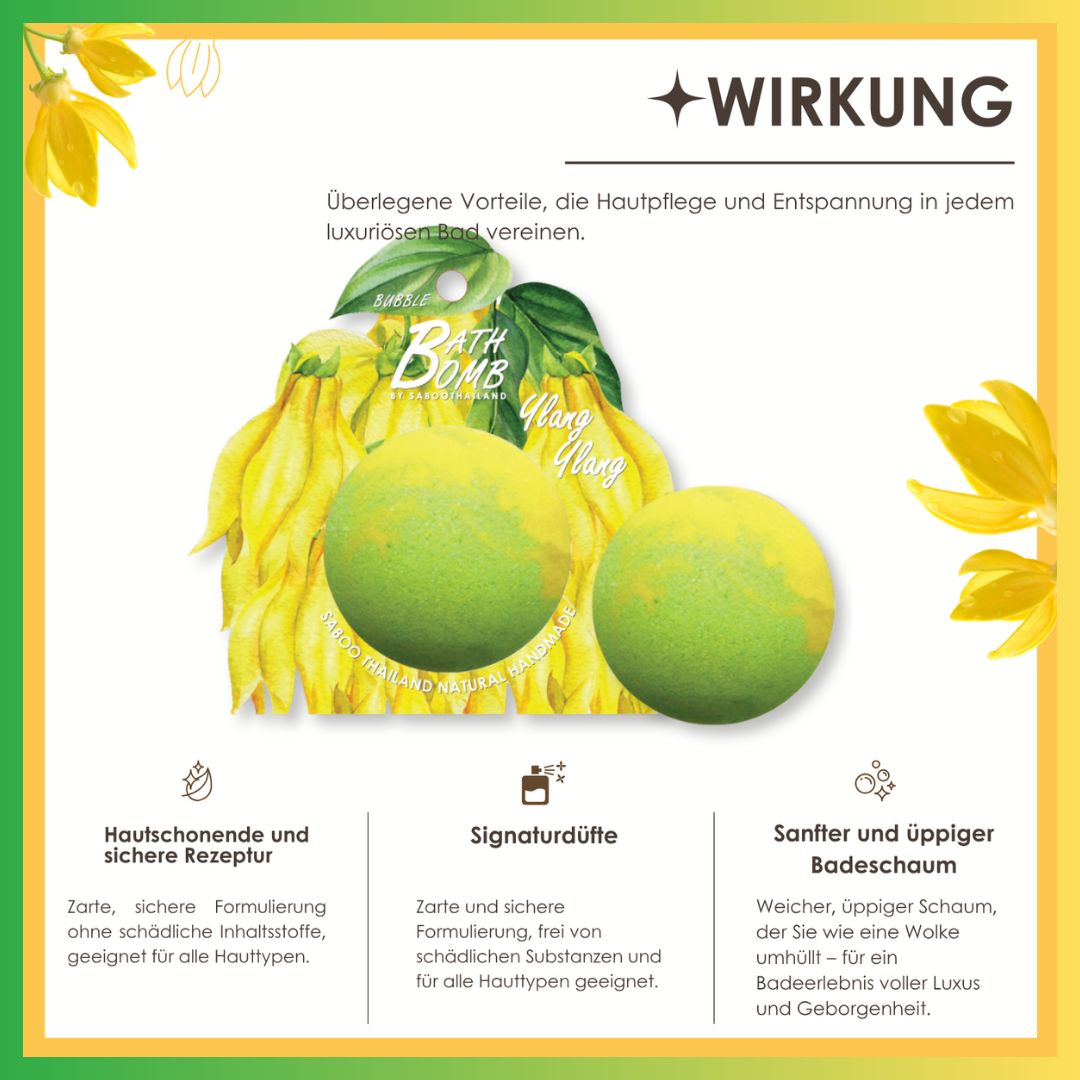 Werbetafel mit zwei grünen Badbomben, gelben Blüten und Text. Text: Wirkung, Hautpflege, Entspannung.