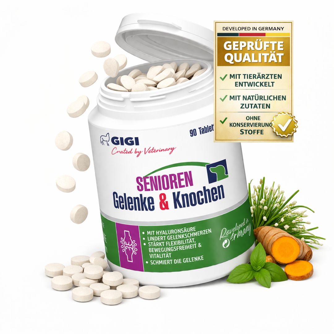 Eine Flasche mit Tabletten. Text: "SENIOREN Gelenke & Knochen". Zertifizierung: Geprüfte Qualität. Ohne Konservierungsstoffe, Zusatzstoffe, Getreide.