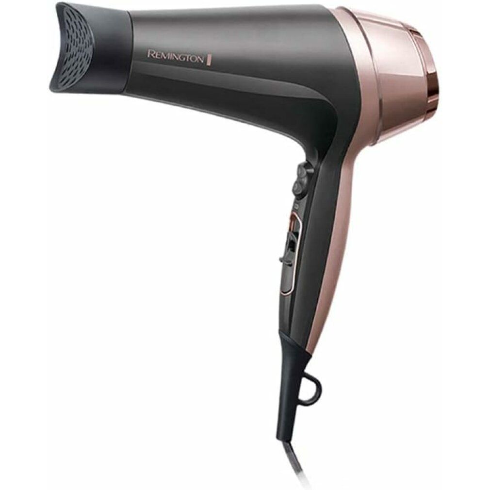 Haartrockner in Schwarz und Roségold. Marke Remington. Seitliche Ansicht. Schwarzer Griff, Roségold-Akzente.