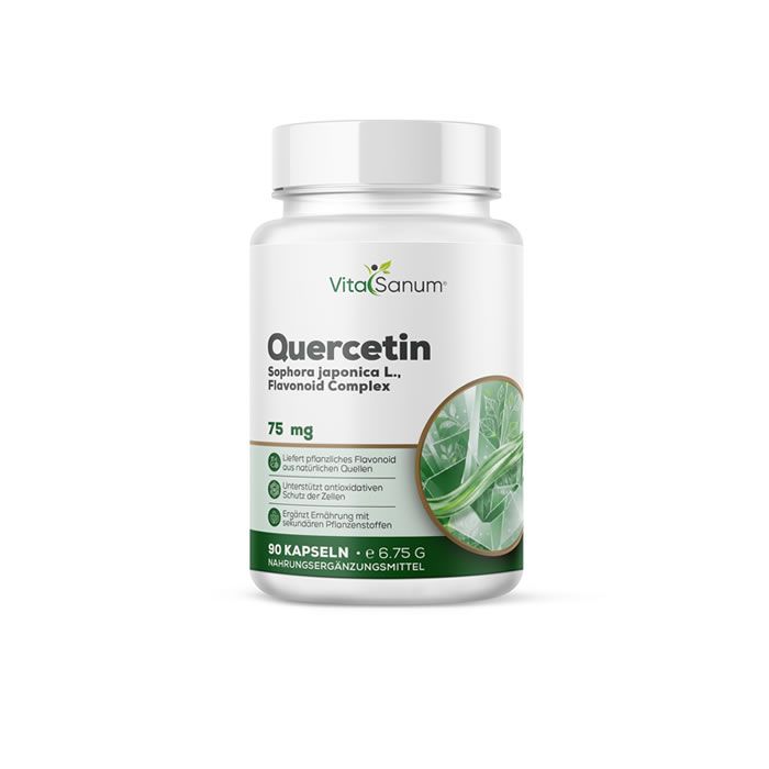 Weiße Flasche VitaSanum® Quercetin. Aufschrift: Quercetin, 75 mg, 90 Kapseln. Grün-weißes Etikett mit Produktinformationen.