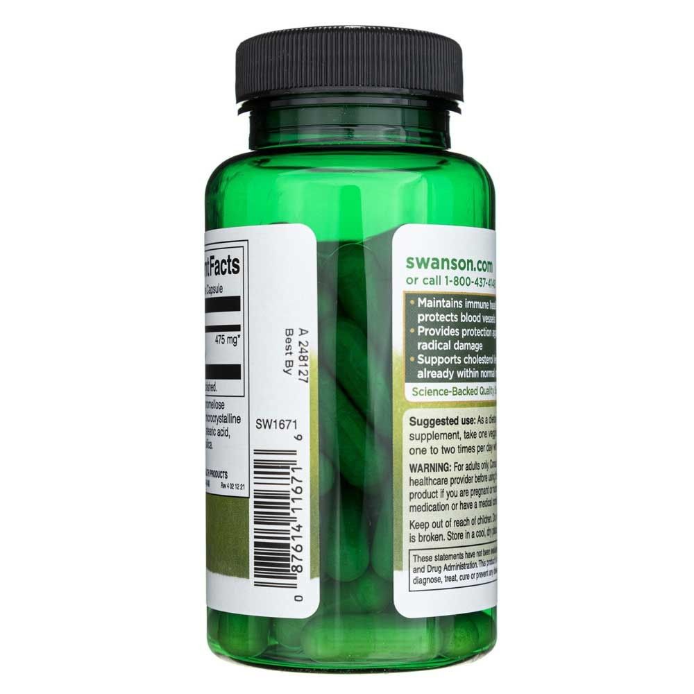 Seitenansicht einer Flasche Swanson Quercetin, die grüne Kapseln enthält.