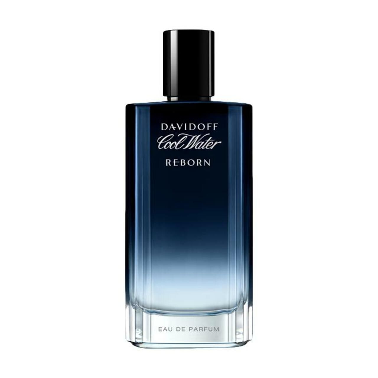 Davidoff Cool Water Reborn Flakon. Blaues Glas, schwarzer Deckel. Produktbezeichnung und Logo auf dem Flakon.