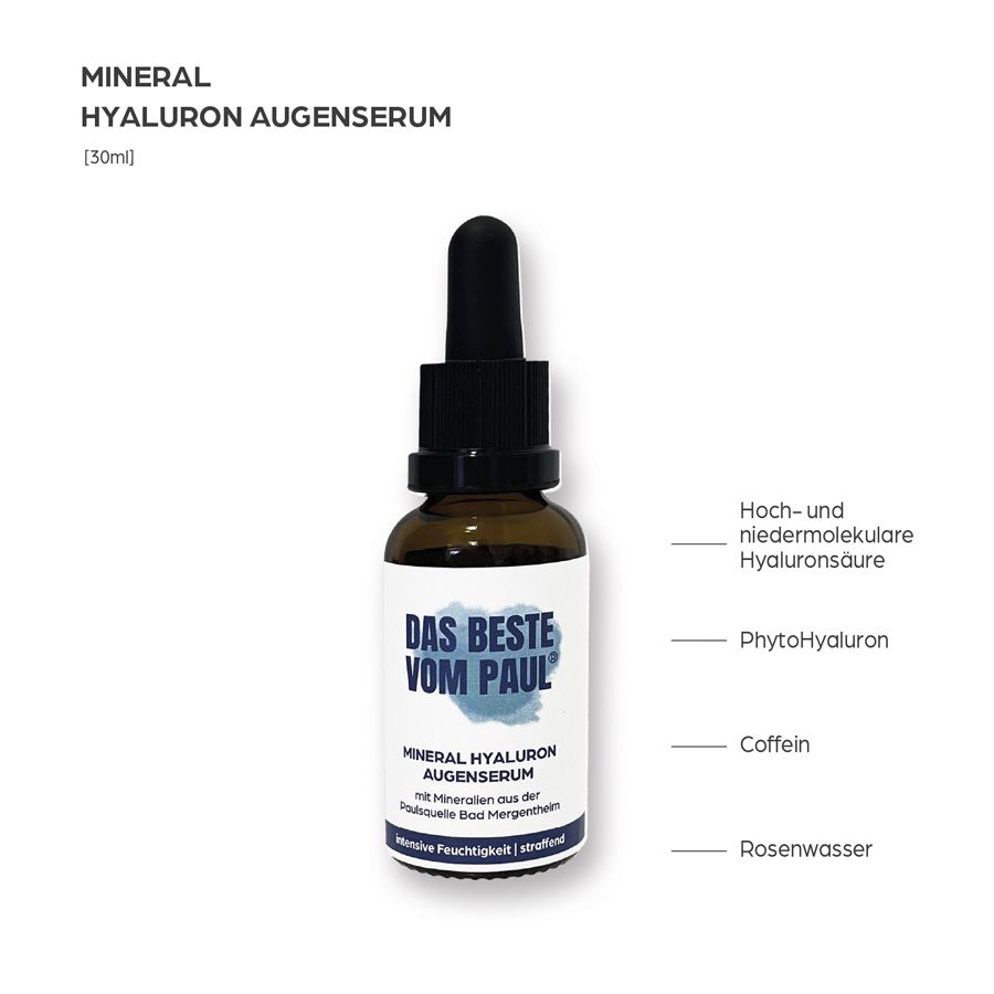 Braune Serumflasche mit Pipette. Text: DAS BESTE VOM PAUL, Mineral Hyaluron Augenserum. Inhaltsstoffe: Hyaluronsäure, Koffein, Rosenwasser.