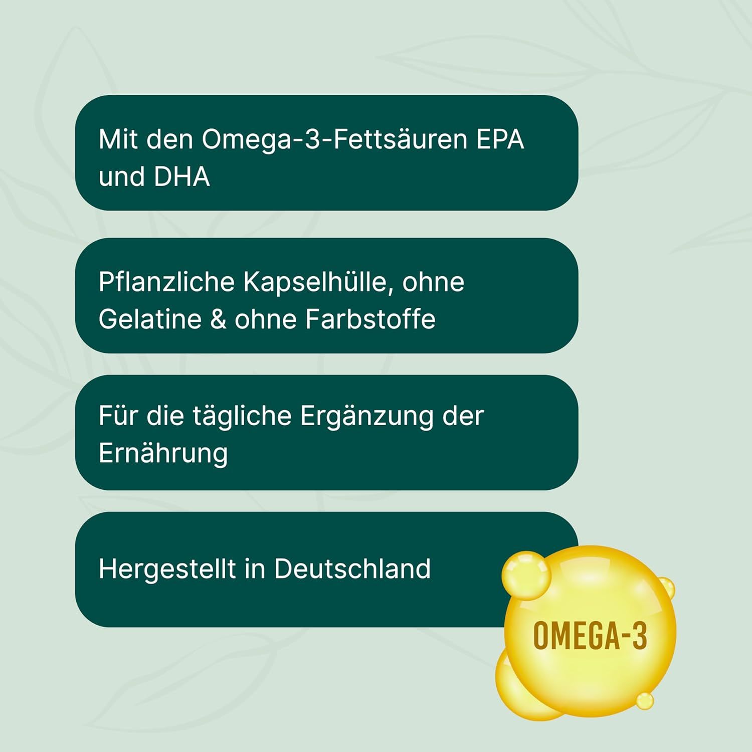 Textfelder mit Informationen zu Omega-3-Fettsäuren, pflanzlichen Kapseln, täglicher Ernährungsergänzung und Herstellung in Deutschland. Gelbe Omega-3-Kapseln.