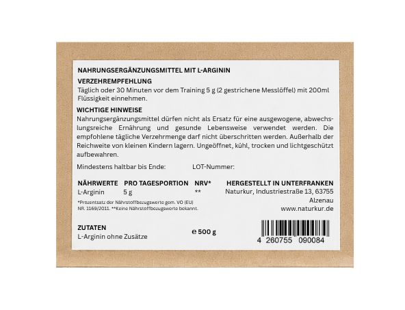 Nahrungsergänzungsmittel L-Arginin 500g in brauner Papiertüte mit Löffel und Klammer.