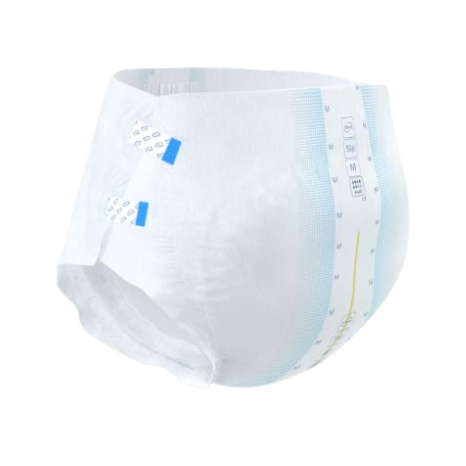 Weißer Inkontinenzslip mit blauen Verschlüssen. Seitliche blaue Streifen und gelbe Mittellinie. Größe M.