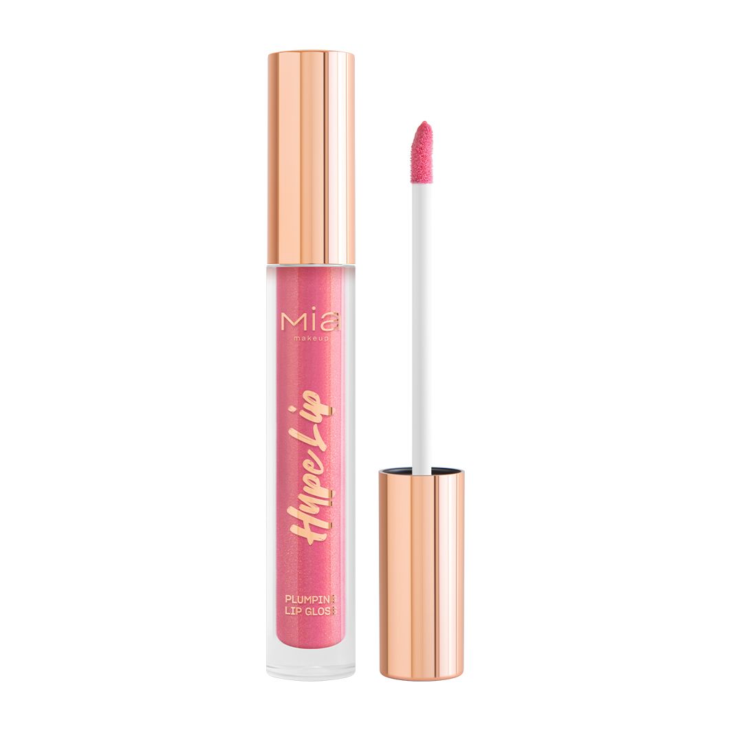 Lucidalabbra Mia Makeup Hype. Tubo trasparente con lucidalabbra rosa e applicatore. Tappo dorato. Nome del prodotto visibile.