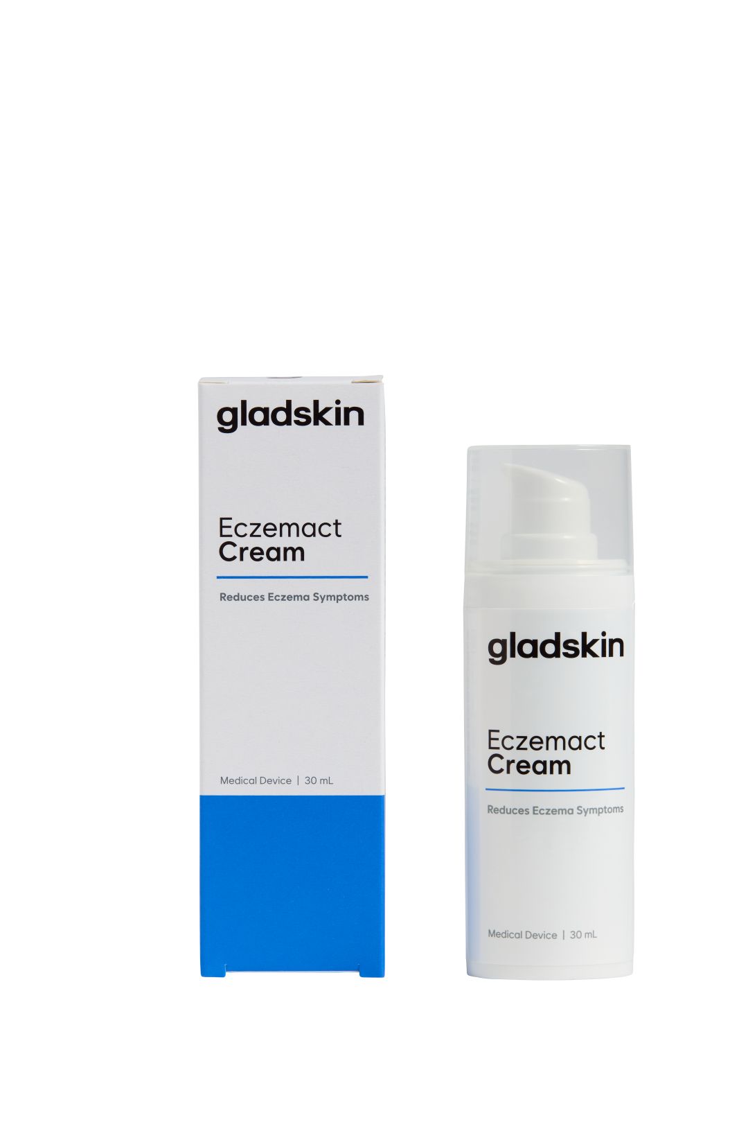 Gladskin Eczemact Cream und Verpackung. Weißes Fläschchen mit Pumpe und blauer Verpackung. Text: Reduziert Ekzemsymptome.