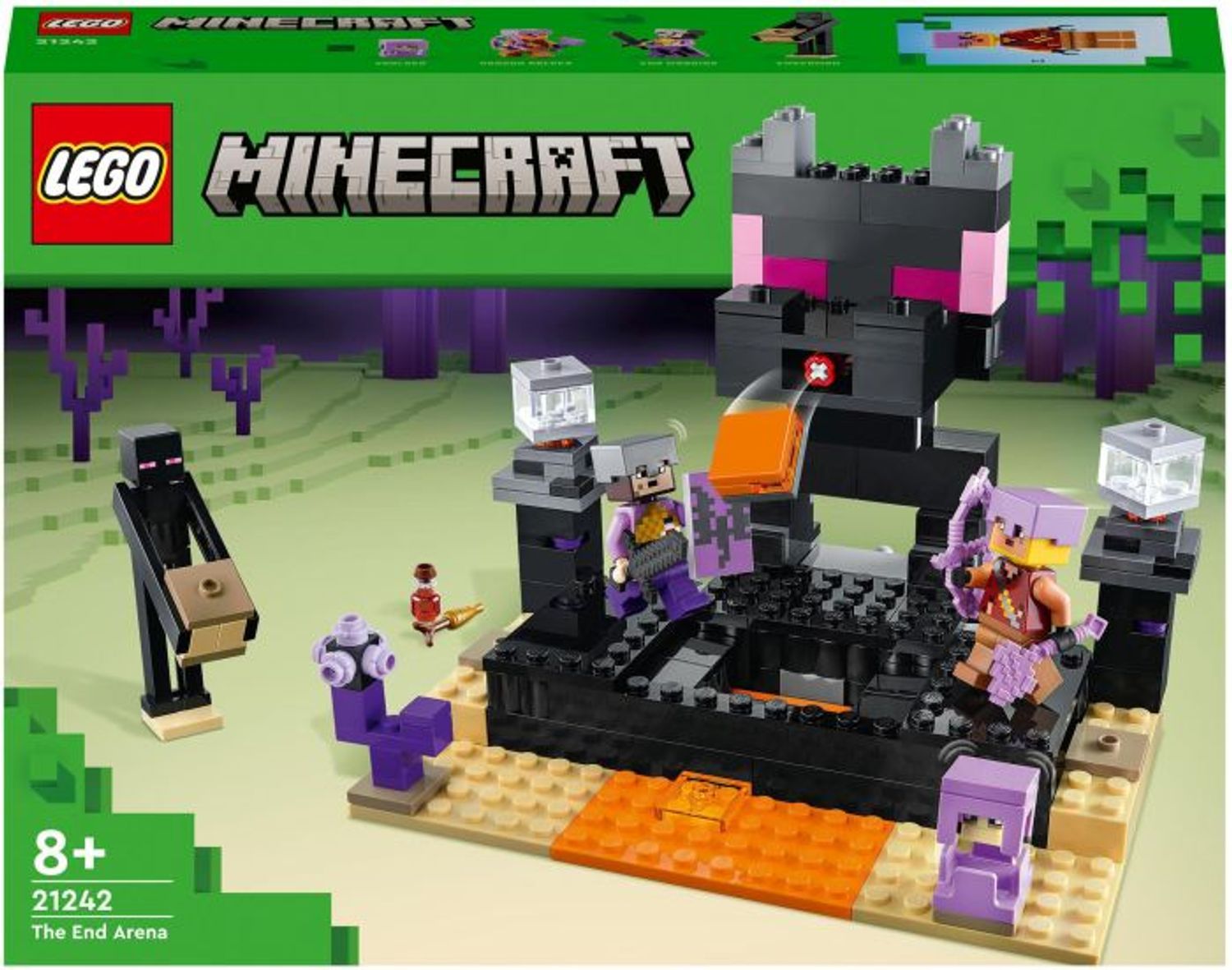 LEGO Minecraft Set. Figuren und Arena sind sichtbar. Verpackung mit Logo und Produktbezeichnung. Altersempfehlung 8+.