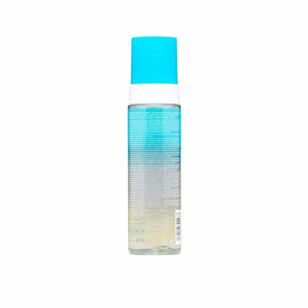 Rückansicht der St. Tropez Bronzing Water Mousse Flasche. Türkis-weißer Deckel, transparente Flasche. Text und Barcode.