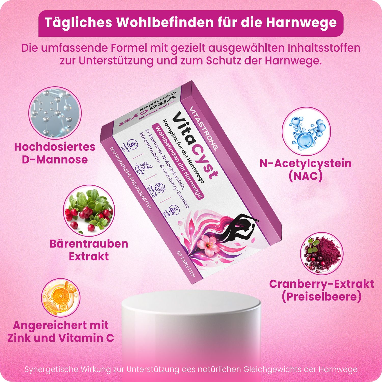 VitaCyst Packung mit D-Mannose, N-Acetylcystein, Bärentrauben- und Cranberry-Extrakt, Zink und Vitamin C.