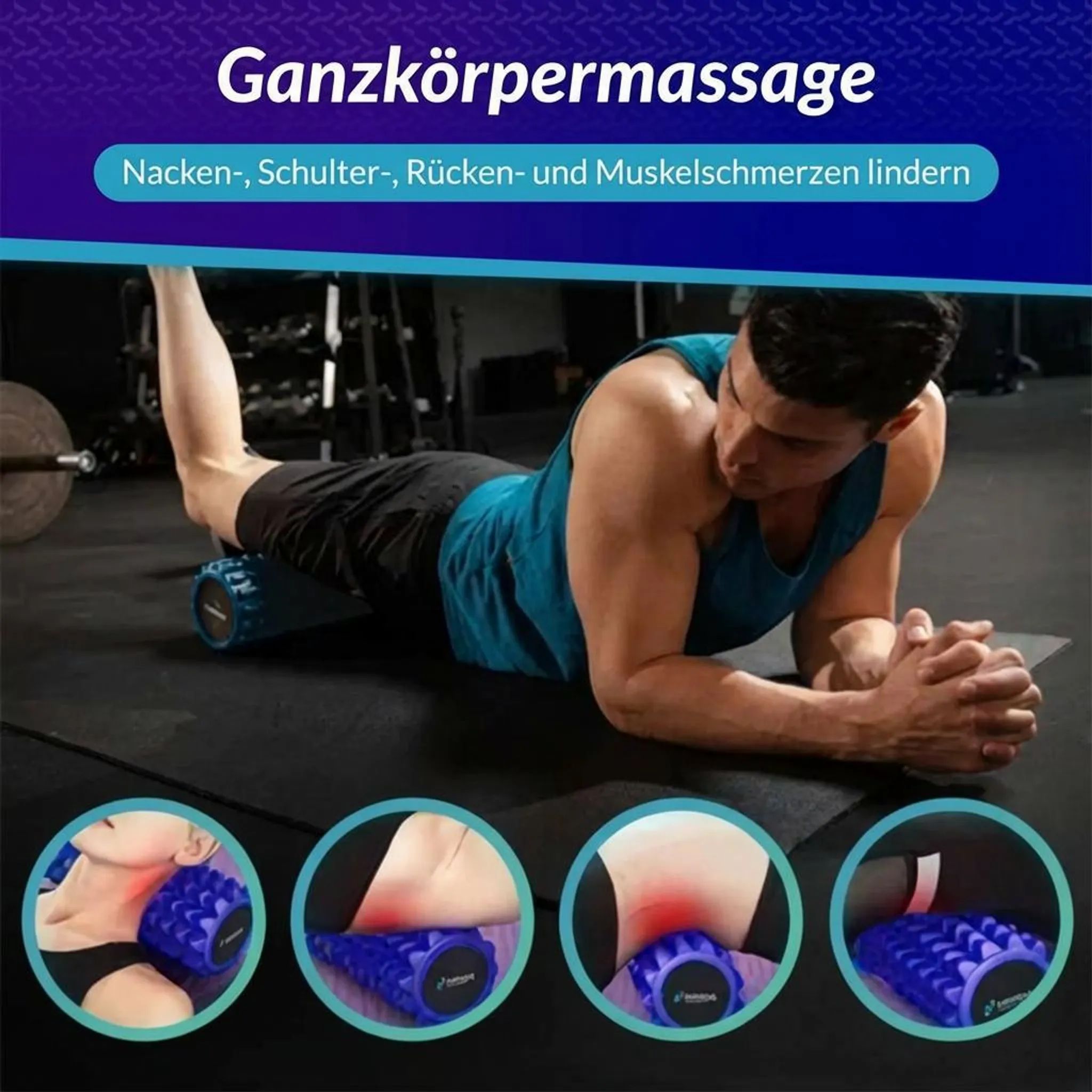 Mann massiert mit blauer Faszienrolle den Oberschenkel in einem Fitnessstudio.