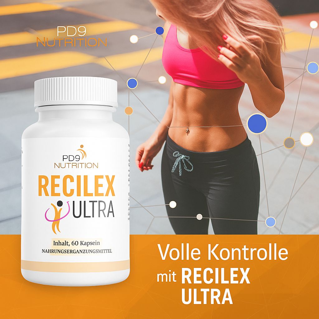 Weiße Kapsel-Dose mit RECILX ULTRA, PD9 Nutrition Logo. Text: Volle Kontrolle. Frau im Sport-Outfit.