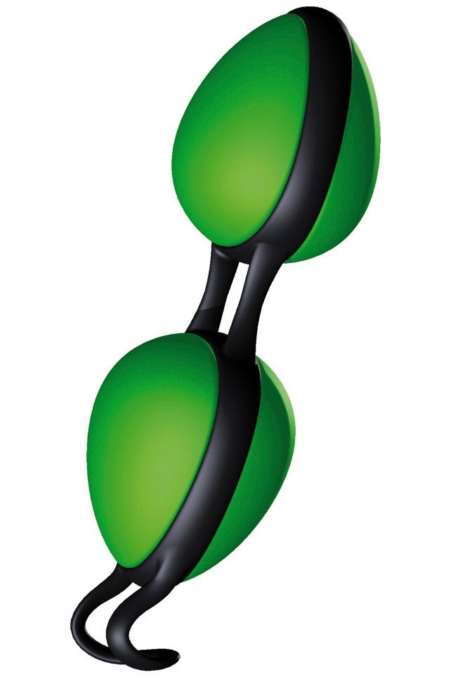 Zwei grüne Kugeln mit schwarzem Band, verbunden durch ein flexibles schwarzes Band.