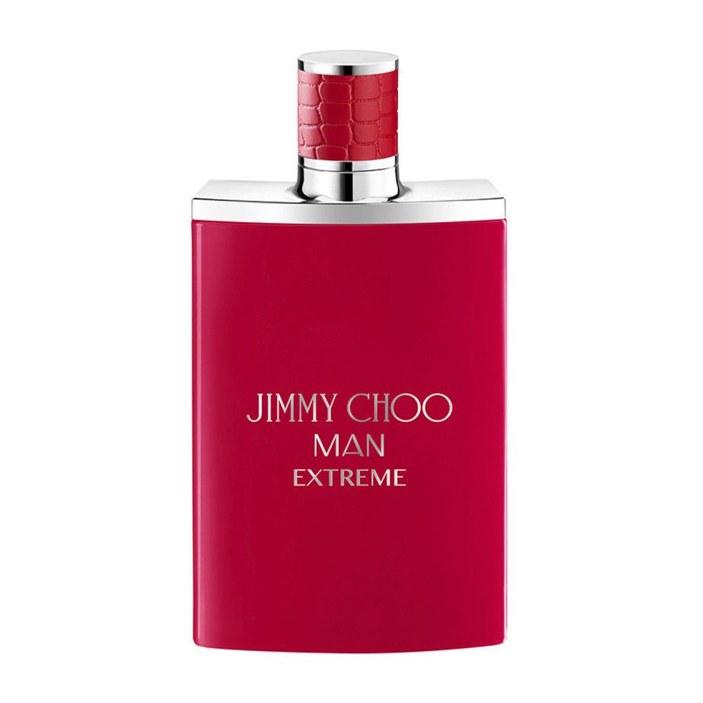 Roter Flakon mit silberner Kappe. Aufschrift: Jimmy Choo Man Extreme. Rechteckige Form.