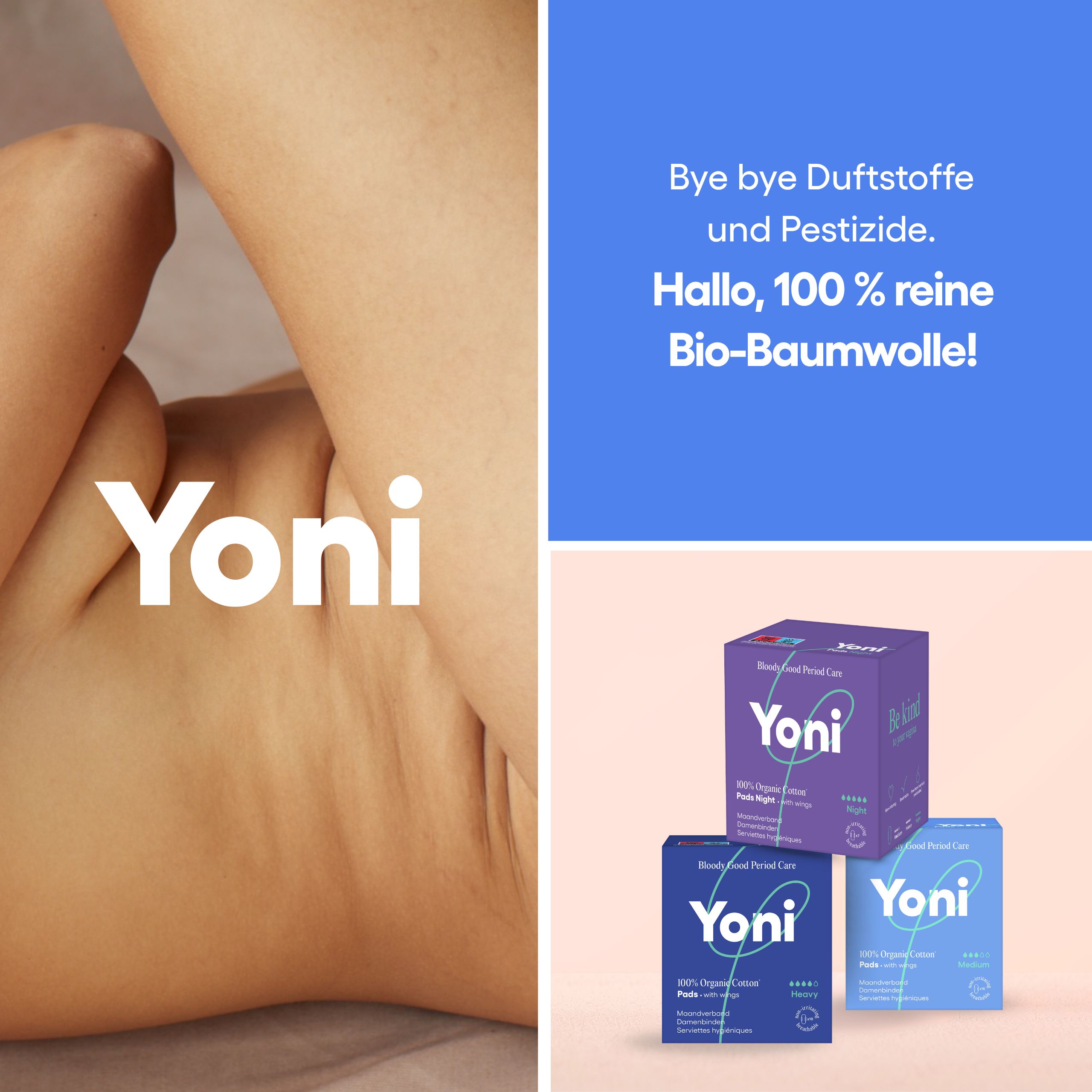 Collage: Yoni Logo, Beinbereich, und Yoni Binden-Verpackungen.