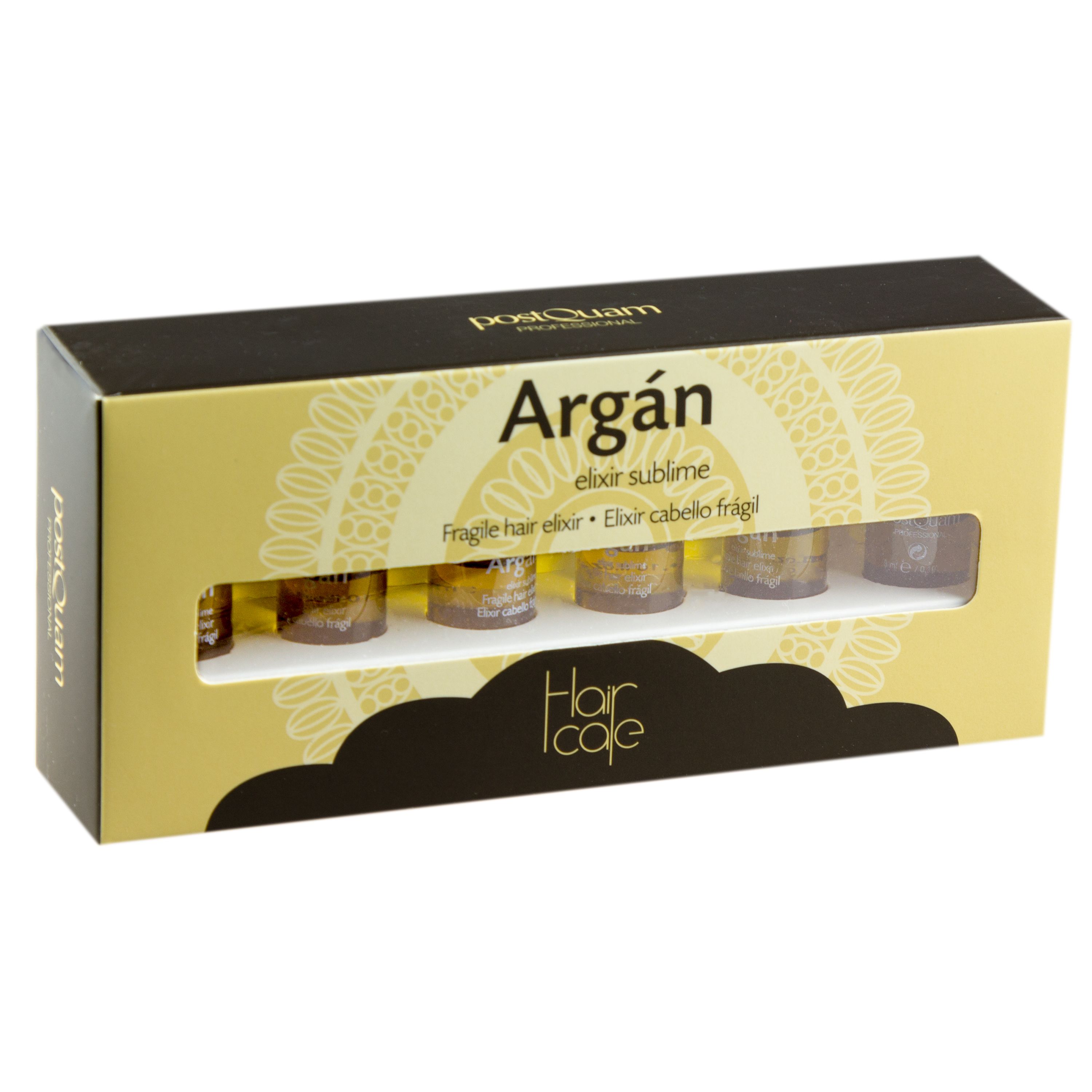 Verpackung mit sechs Ampullen. Sichtfenster zeigt Fläschchen mit goldener Flüssigkeit. Aufschrift: Argan, Elixir sublime.