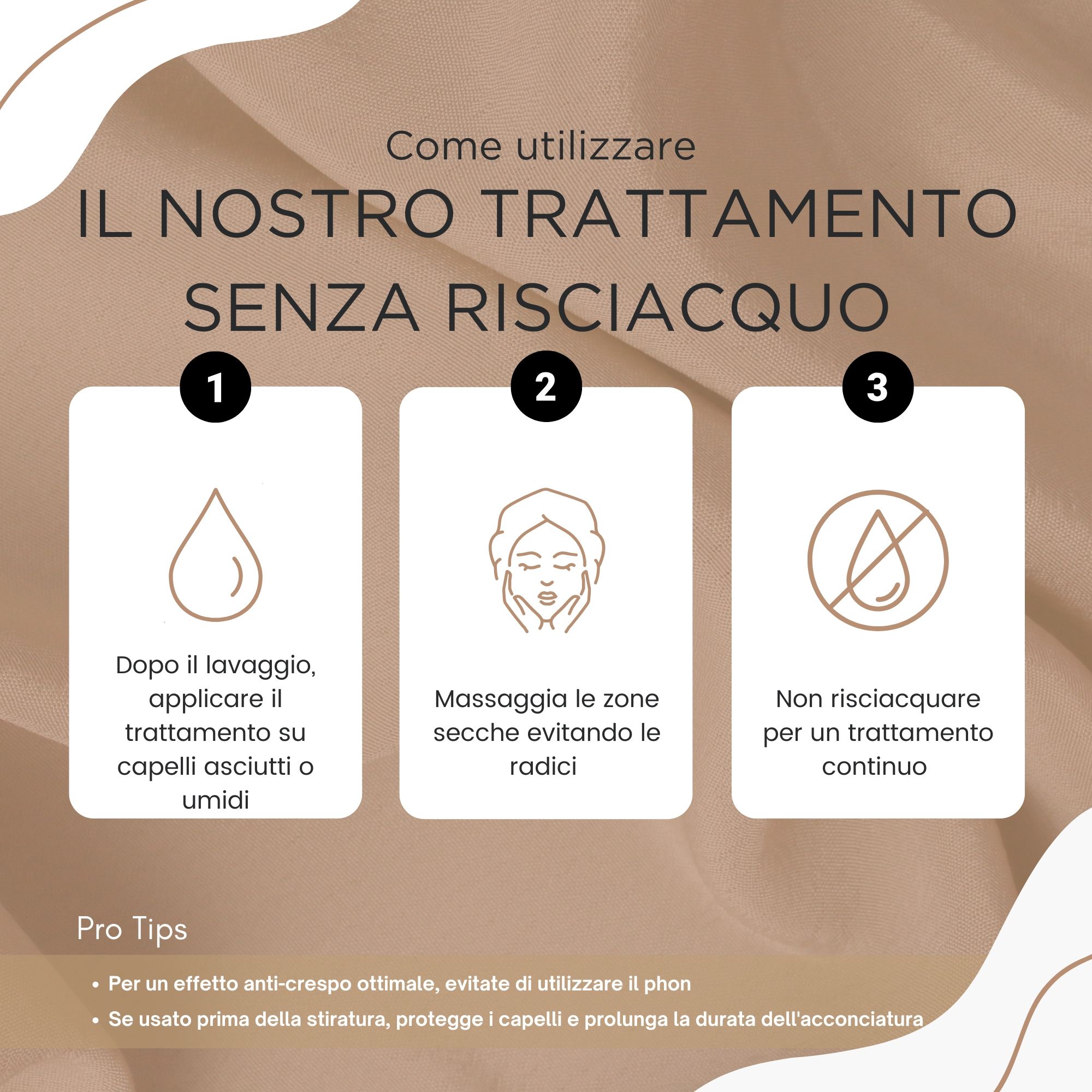 Tre passaggi per usare il trattamento senza risciacquo. Testo: Applicare dopo il lavaggio, massaggiare, non risciacquare.