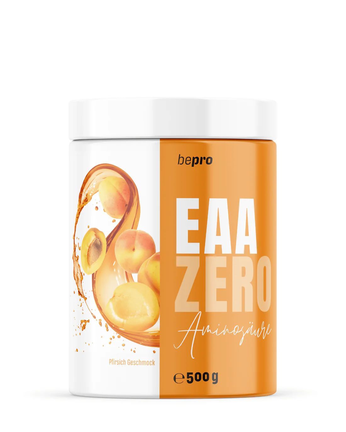 Dose betterprotein EAA Zero. Aufschrift: bepro, EAA ZERO, Aminosäuren, Pfirsich-Geschmack, 500g. Abbildung von Pfirsichen.