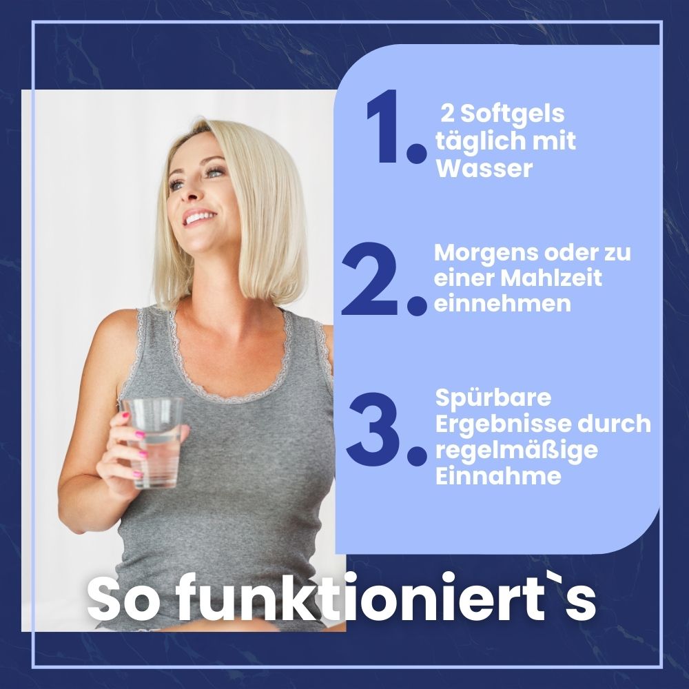 Frau mit Glas Wasser. Text: 2 Softgels täglich mit Wasser, morgens oder zu einer Mahlzeit einnehmen, spürbare Ergebnisse durch regelmäßige Einnahme.
