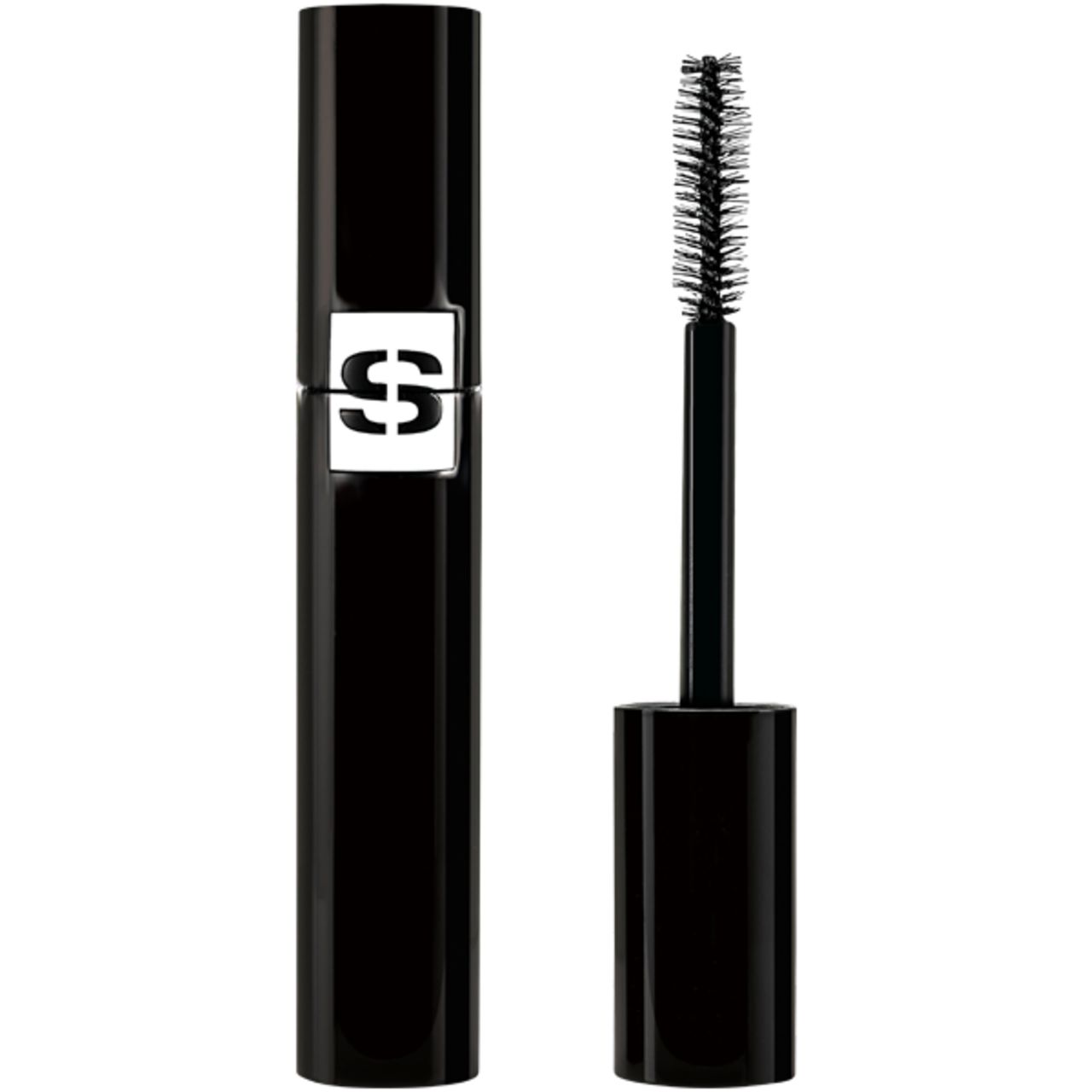 Schwarze Mascara-Tube mit Bürste. Auf der Tube ist das Sisley-Logo zu sehen. Der Deckel ist abgenommen.
