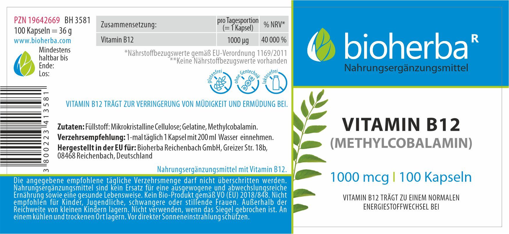 Etikett mit Produktinformationen. Enthält Angaben zu Inhaltsstoffen, Dosierung und Hersteller. Marke: Bioherba Vitamin B12 (Methylcobalamin) Kapseln.