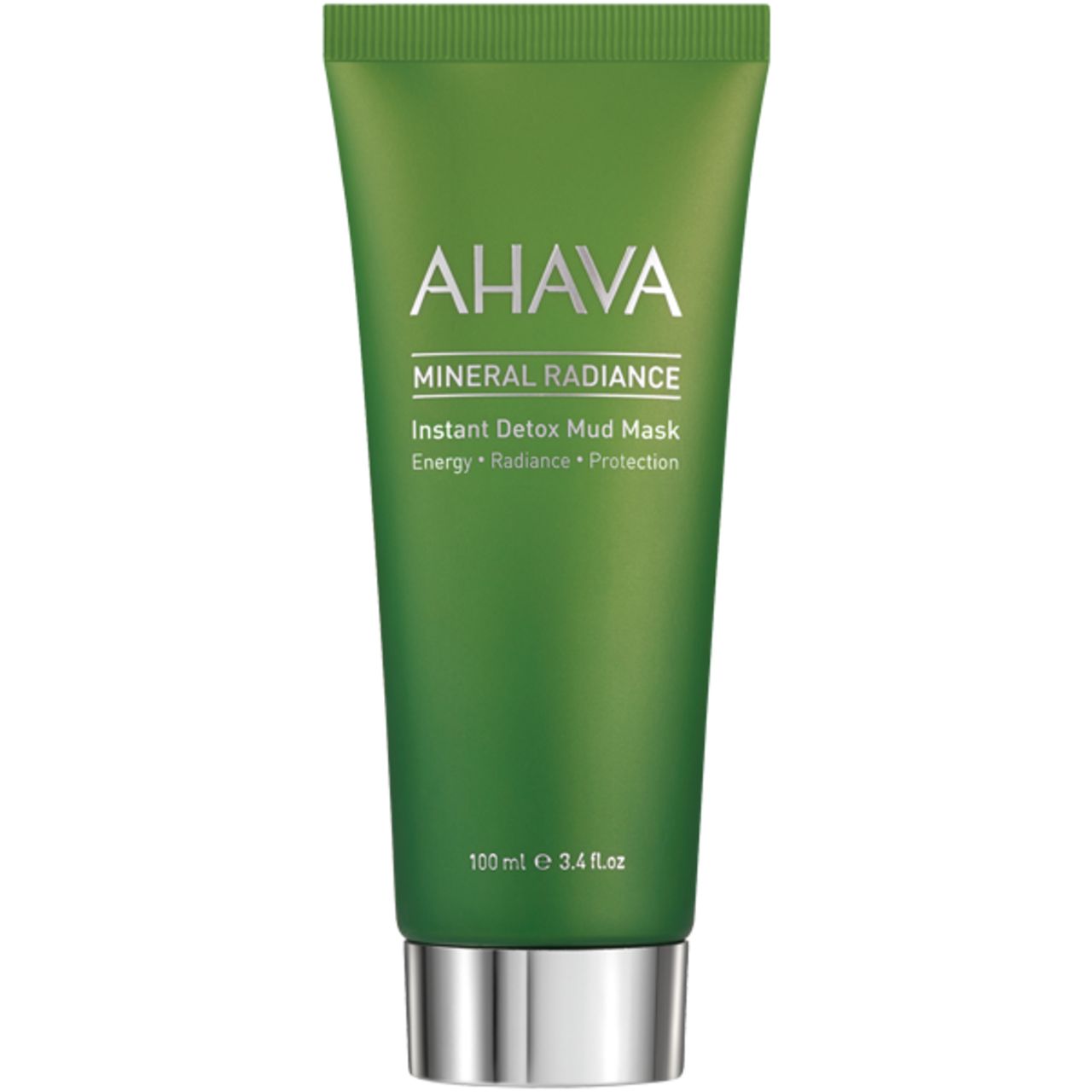 Grüne Tube mit Ahava Mineral Radiance Instant Detox Mud Mask. Silberner Verschluss. Text: Energy, Radiance, Protection. 100 ml.