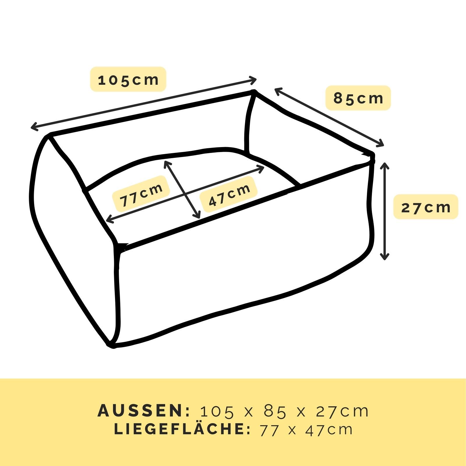 Skizze des Hundebetts mit Maßen: 105x85x27cm außen, Liegefläche 77x47cm. Rechteckige Form.