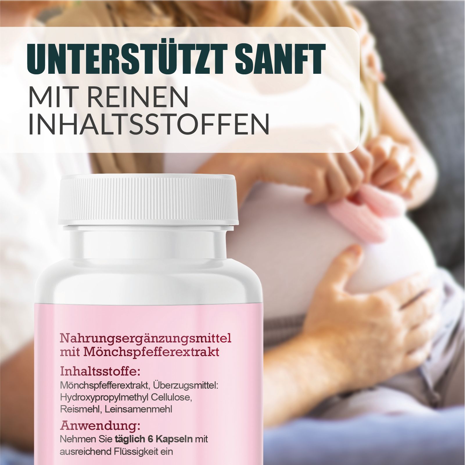 Pillenfläschchen mit rosa Etikett. Text: Nahrungsergänzungsmittel mit Mönchspfefferextrakt. Inhaltsstoffe, Anwendung.