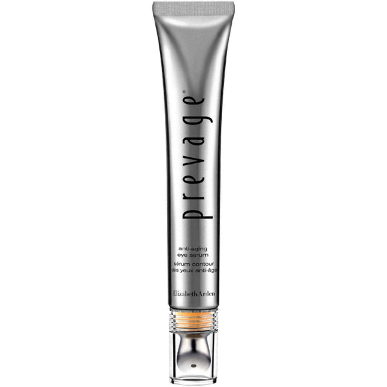 Silberfarbene Tube mit "Prevage"-Schriftzug. Text: Anti-Aging Eye Serum. Unterhalb: Elizabeth Arden. Mit Applikator.