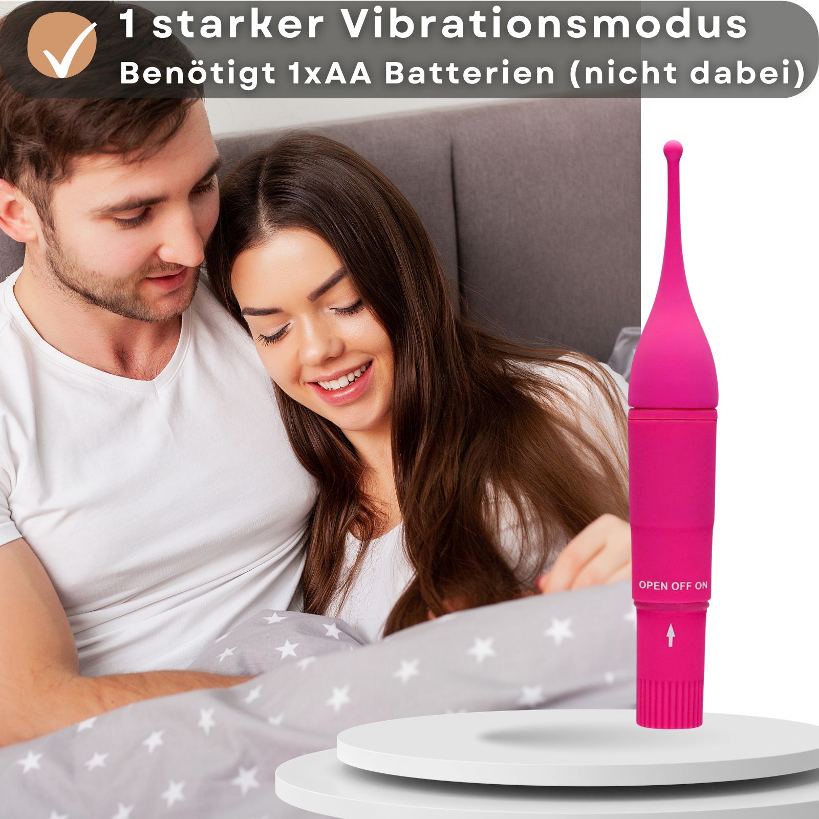 Rosa Vibrator neben Paar im Bett. Text: 1 starker Vibrationsmodus, Benötigt 1xAA Batterien.