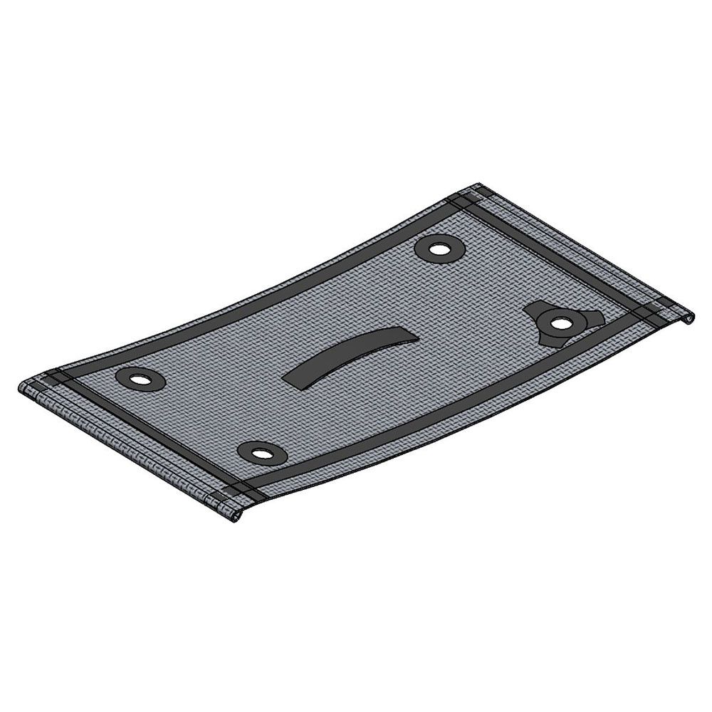 Graue Sitzbespannung mit Griff und Löchern. Schwarze Umrandung. Rechteckige Form mit leicht gebogener Oberfläche.