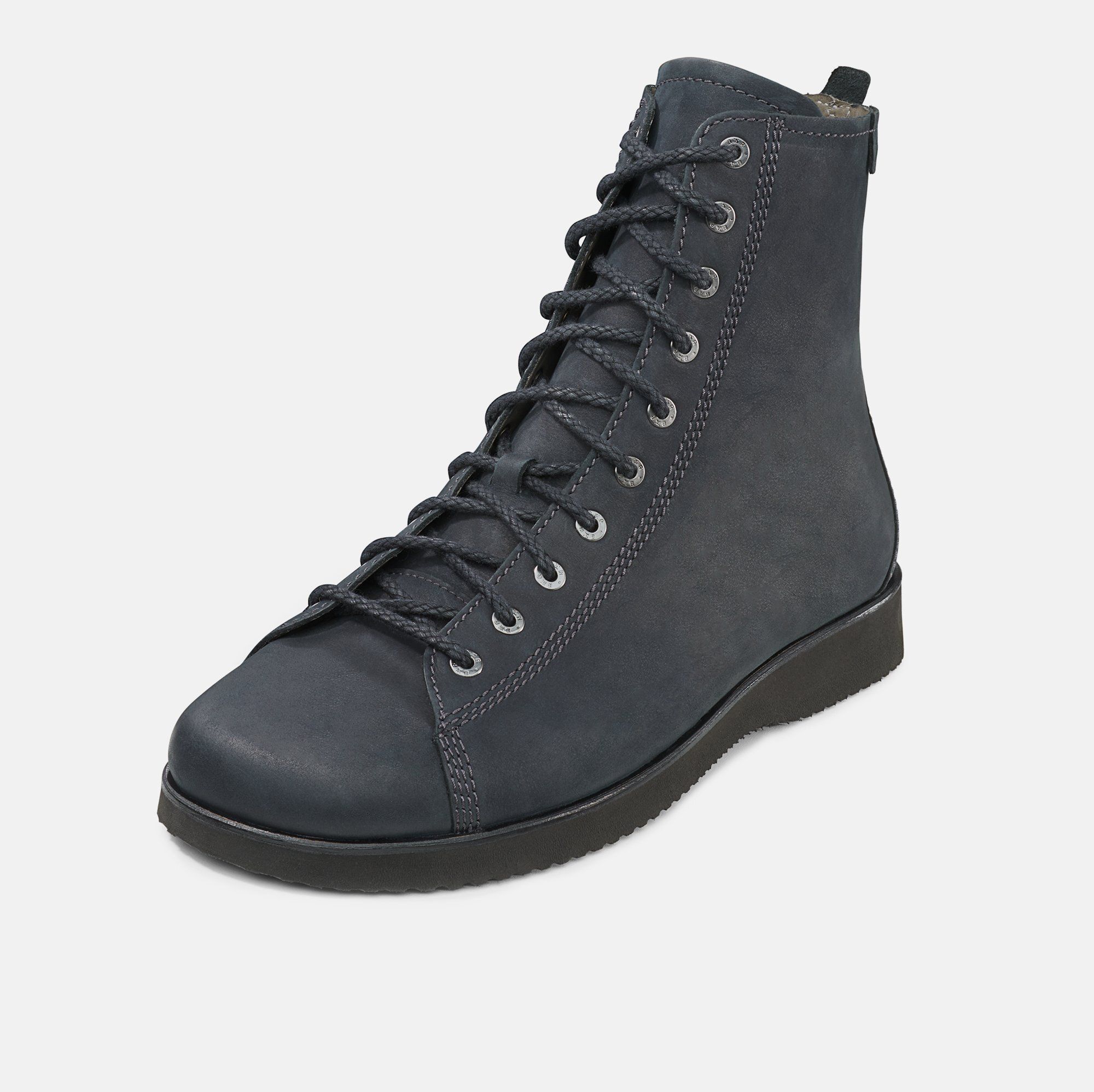 Dunkelblaue Stiefelette mit Schnürung und flacher Sohle. Seitlicher Reißverschluss. Hellere Schnürsenkelösen.