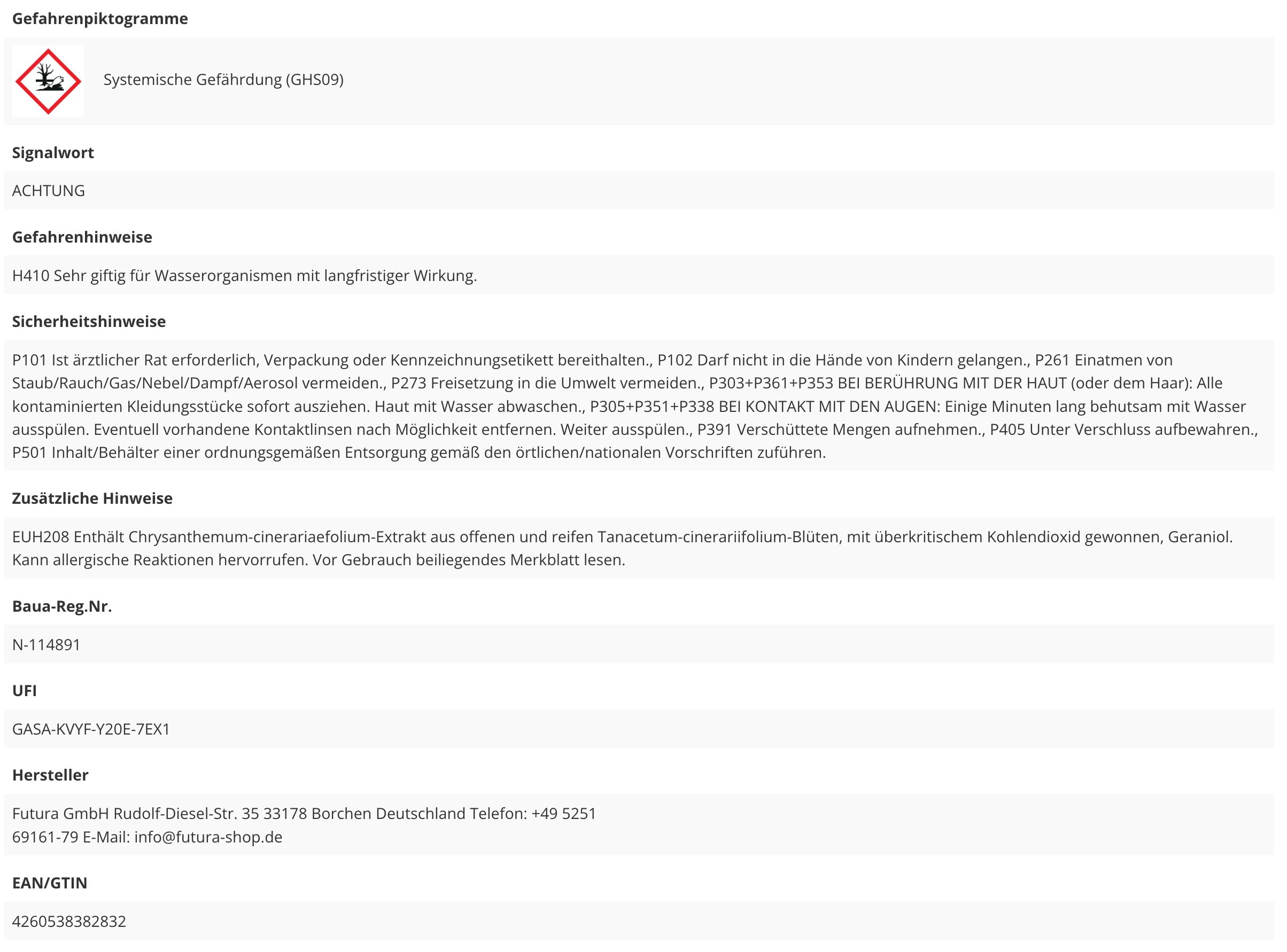 Textseite mit Gefahrensymbol und Sicherheitshinweisen. Enthält Informationen zu Gefahren, Signalwort, Sicherheitshinweisen.